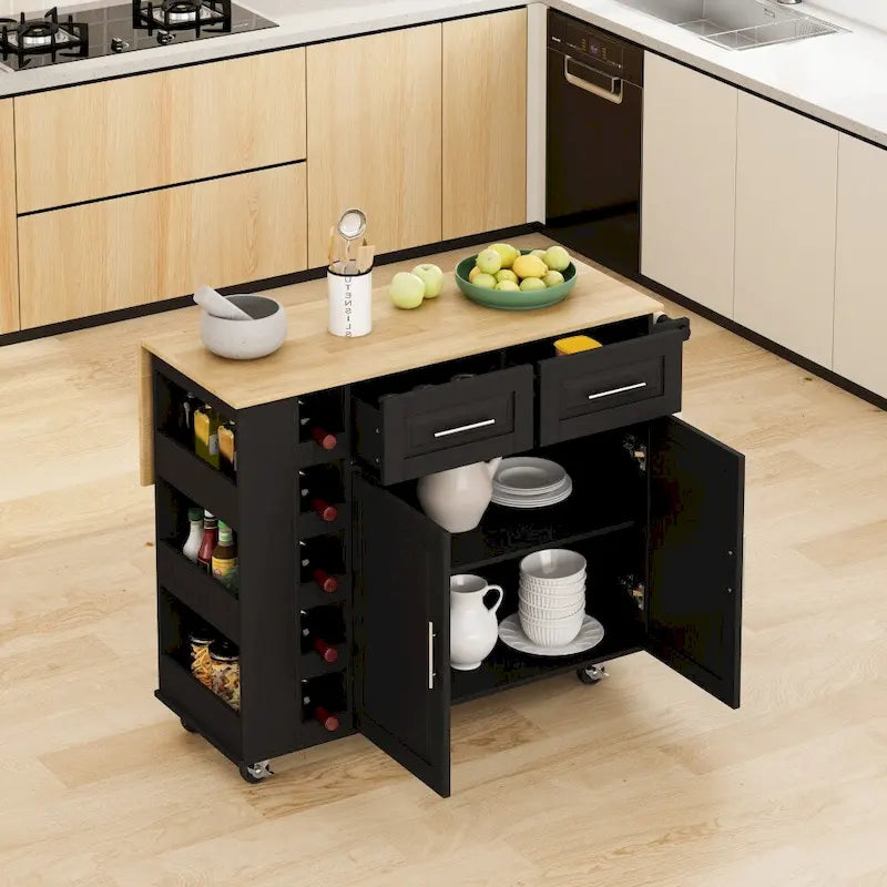 Carrello isola da cucina con mobiletto a 2 ante, 2 cassetti e piano pieghevole