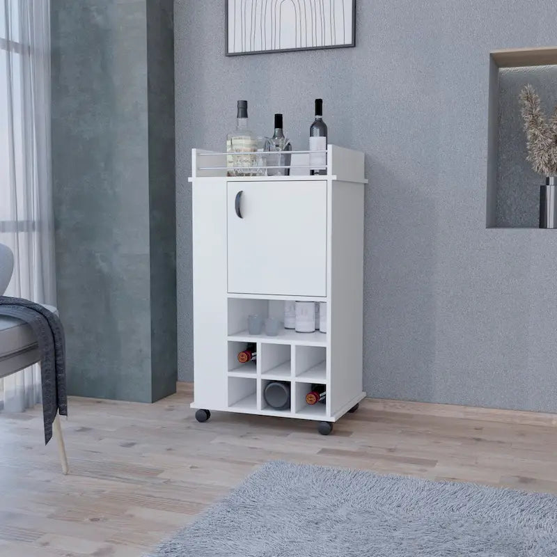 1-Door Bar Cart with Wine Rack and Casters, White