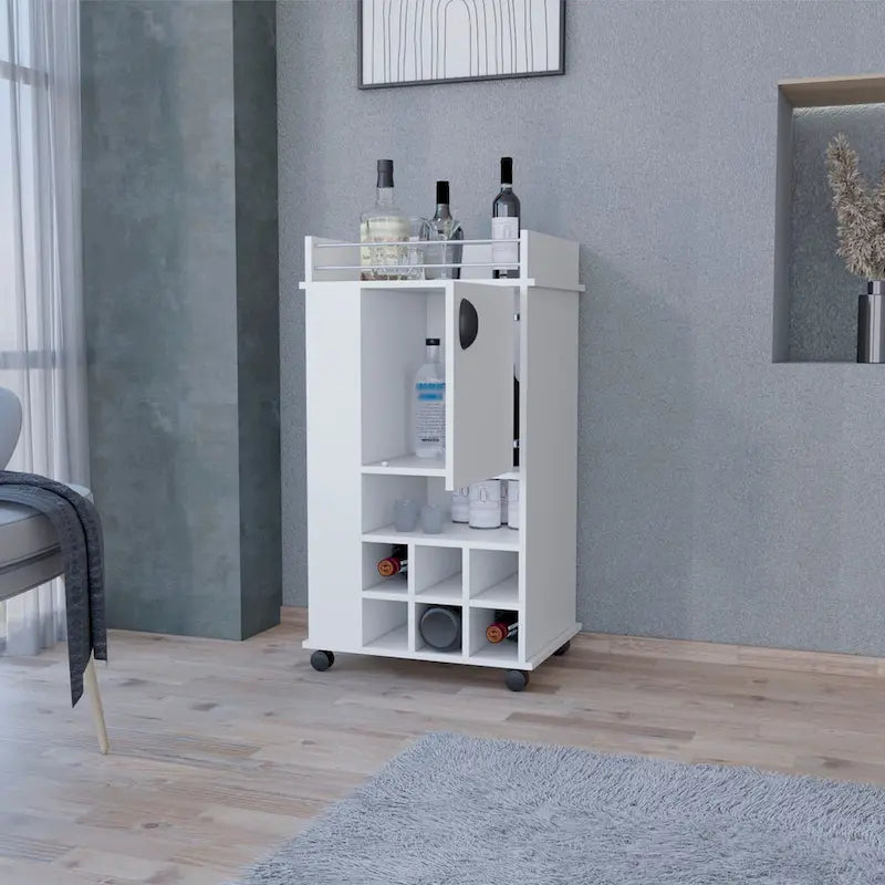 Carrito de bar de 1 puerta con botellero y ruedas giratorias, blanco