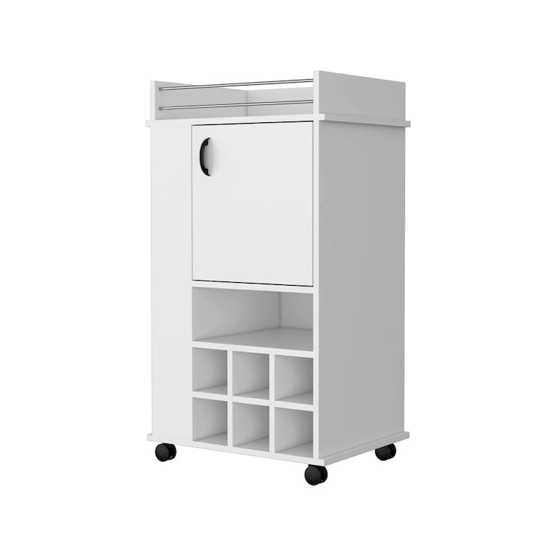 1-Door Bar Cart with Wine Rack and Casters, White
