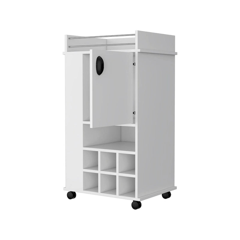 1-Door Bar Cart with Wine Rack and Casters, White