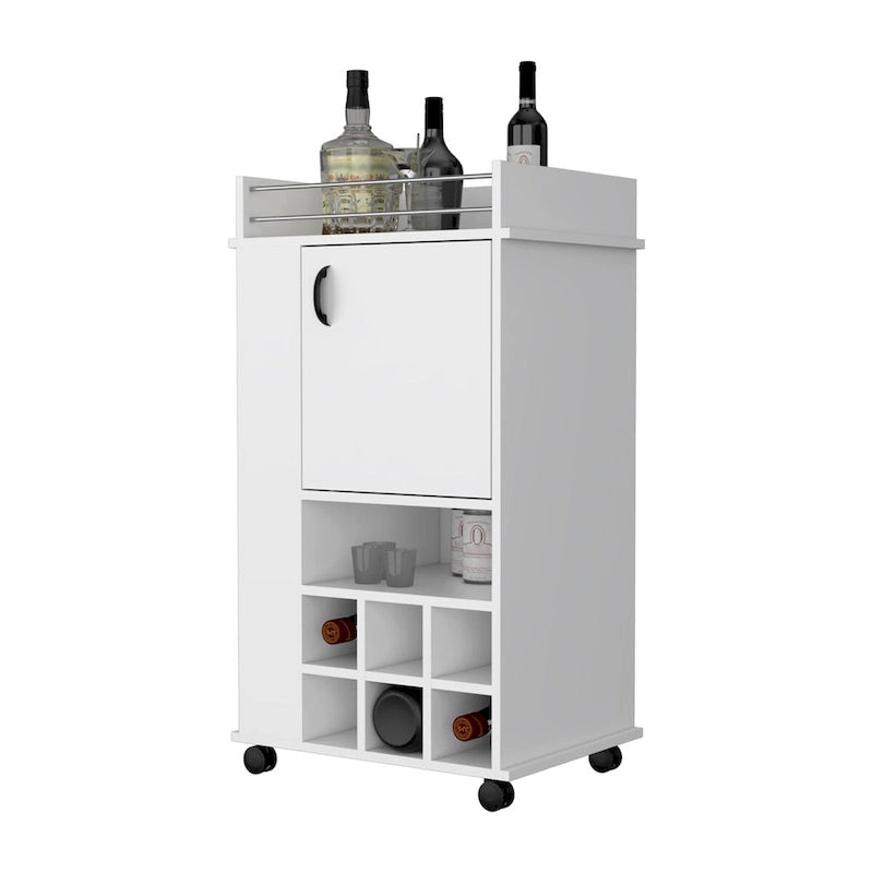 1-Door Bar Cart with Wine Rack and Casters, White