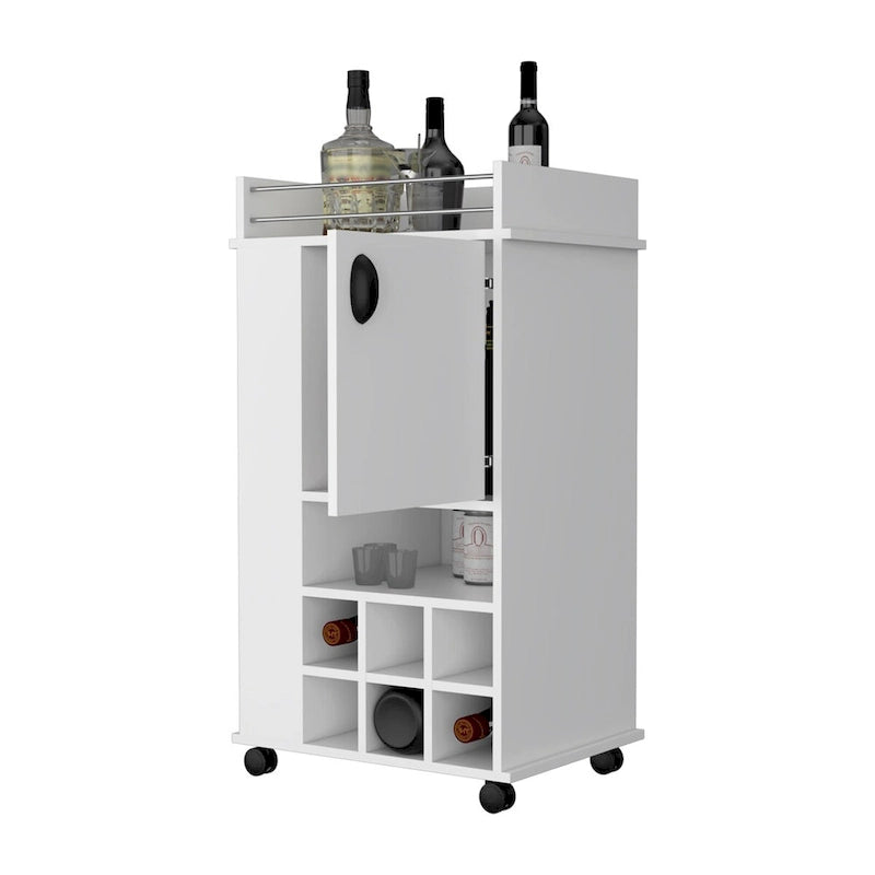 1-Door Bar Cart with Wine Rack and Casters, White
