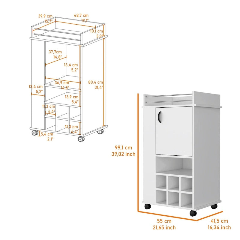 1-Door Bar Cart with Wine Rack and Casters, White