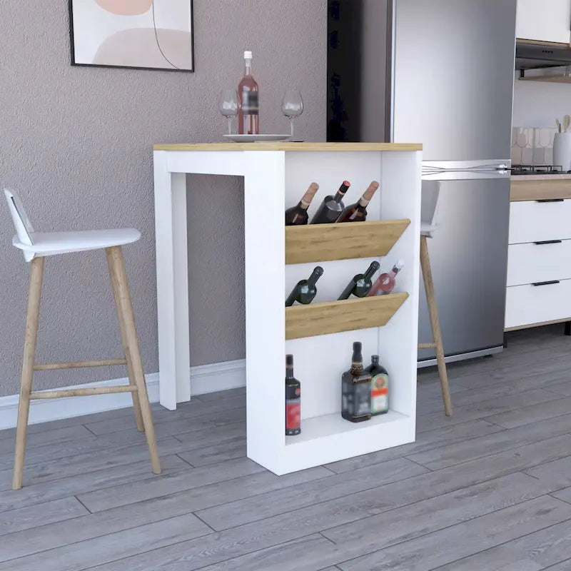 Isla de cocina con tres estantes, acabado en wengué negro y roble claro