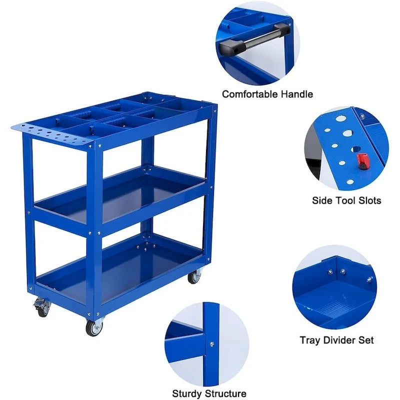 Carrito auxiliar de acero resistente de 3 niveles con ruedas bloqueables, 450 LBS