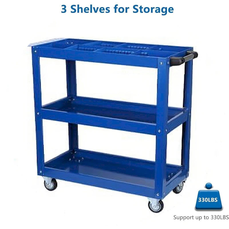 Carrito auxiliar de acero resistente de 3 niveles con ruedas bloqueables, 450 LBS