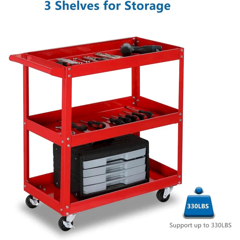 Carrito auxiliar de acero resistente de 3 niveles con ruedas bloqueables, 450 LBS
