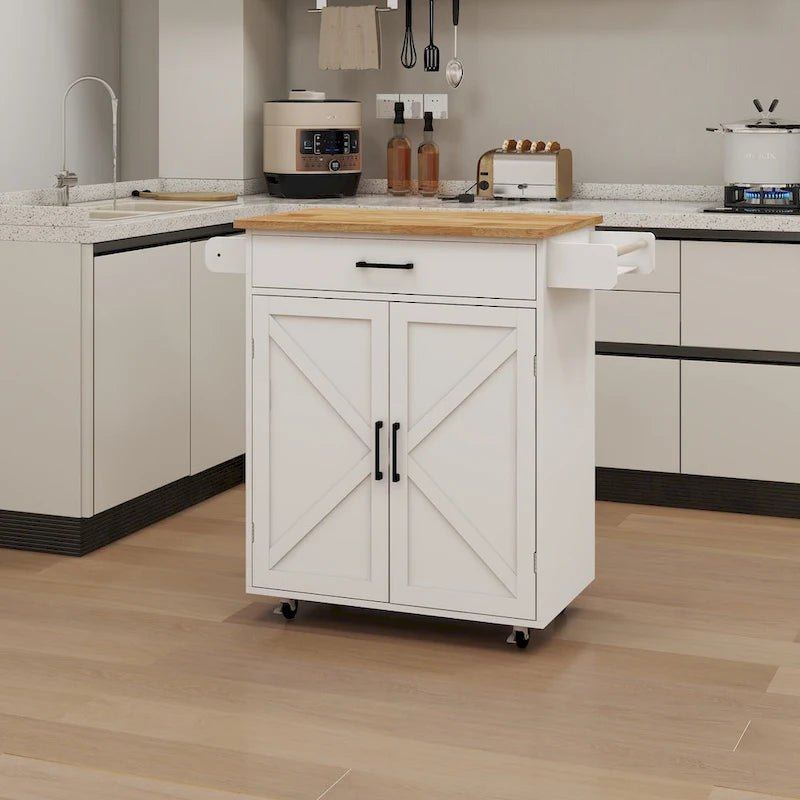 Carrito isla de cocina con ruedas, estantes ajustables y toallero