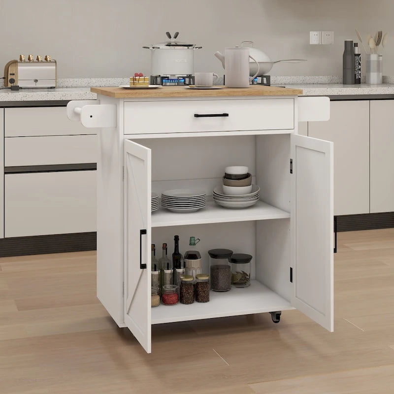 Carrito isla de cocina con ruedas, estantes ajustables y toallero