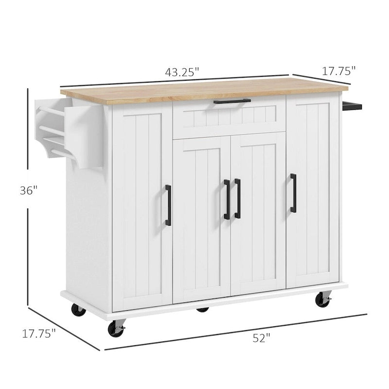 Carrito de cocina con ruedas, encimera de madera de caucho y tres gabinetes