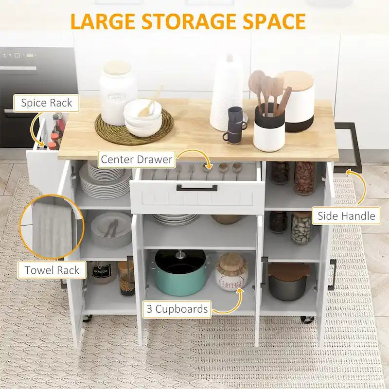 Carrito de cocina con ruedas, encimera de madera de caucho y tres gabinetes