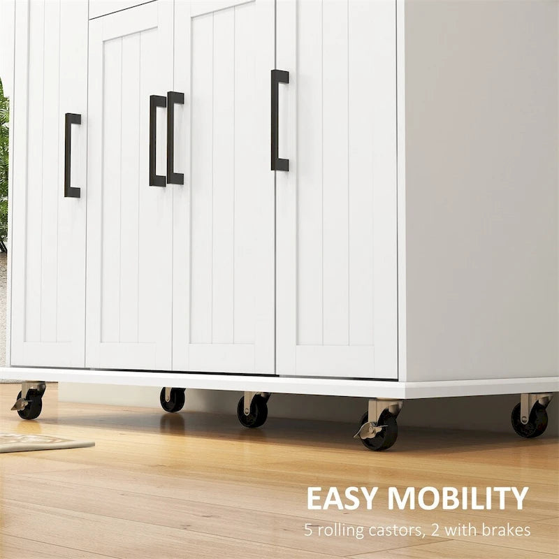 Carrito de cocina con ruedas, encimera de madera de caucho y tres gabinetes