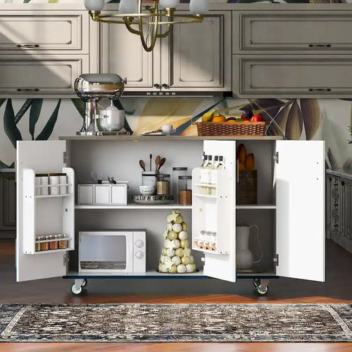 51.6-Inch Wide Farmhouse Kitchen Island with Drop Leaf, Internal Storage Rack and Three Doors