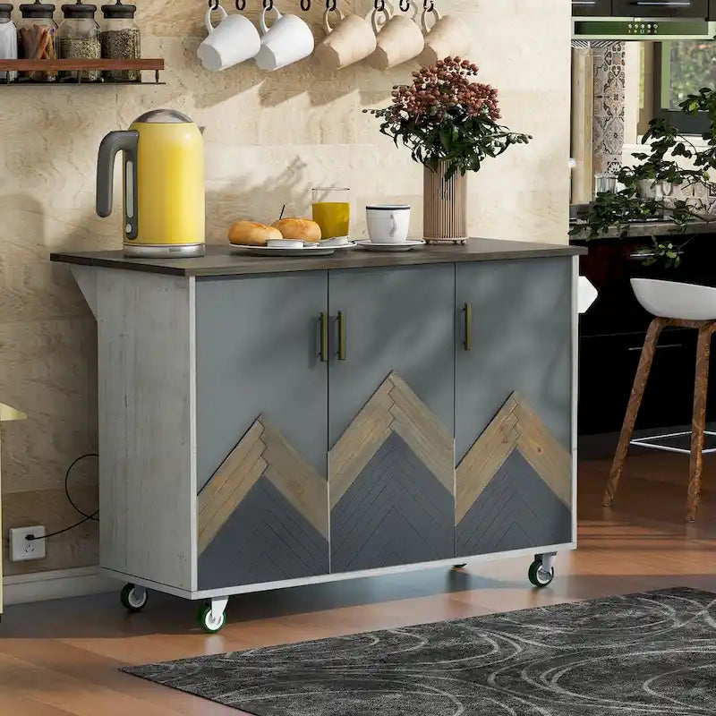 Isla de cocina estilo granja de 51.6 pulgadas de ancho con ala abatible, estante de almacenamiento interno y tres puertas