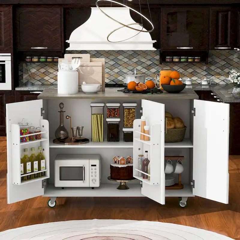 Isla de cocina estilo granja de 51.6 pulgadas de ancho con ala abatible, estante de almacenamiento interno y tres puertas
