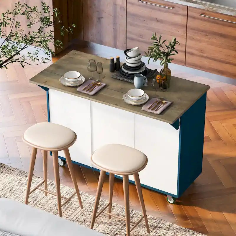 Isla de cocina estilo granja de 51.6 pulgadas de ancho con ala abatible, estante de almacenamiento interno y tres puertas