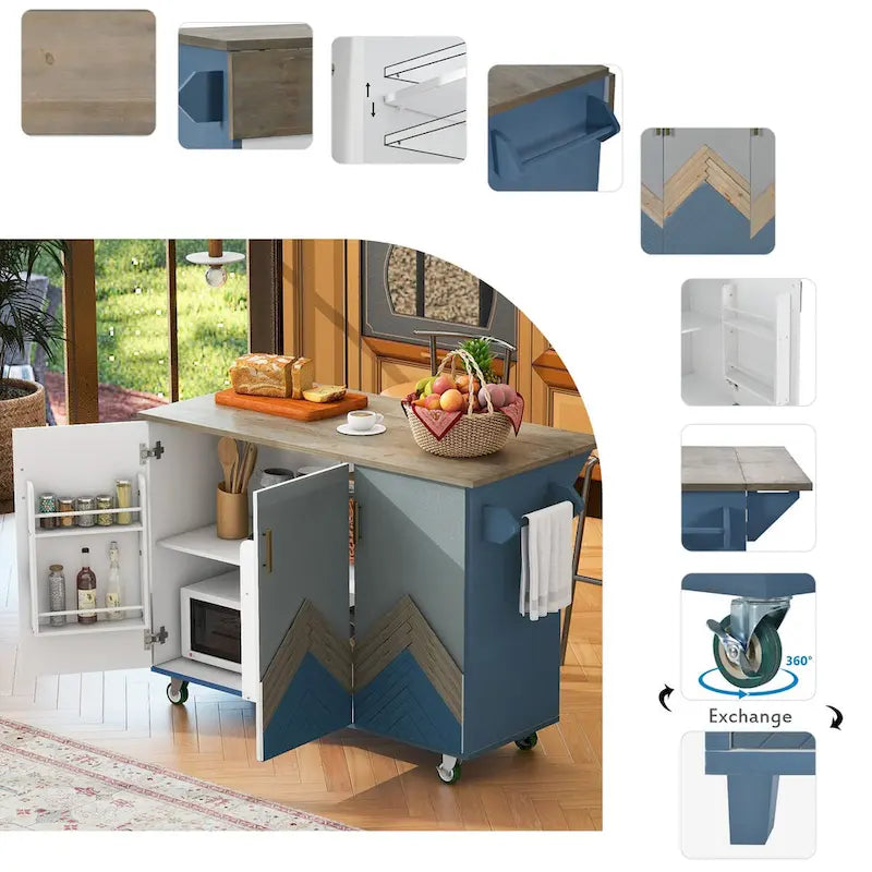 Isla de cocina estilo granja de 51.6 pulgadas de ancho con ala abatible, estante de almacenamiento interno y tres puertas