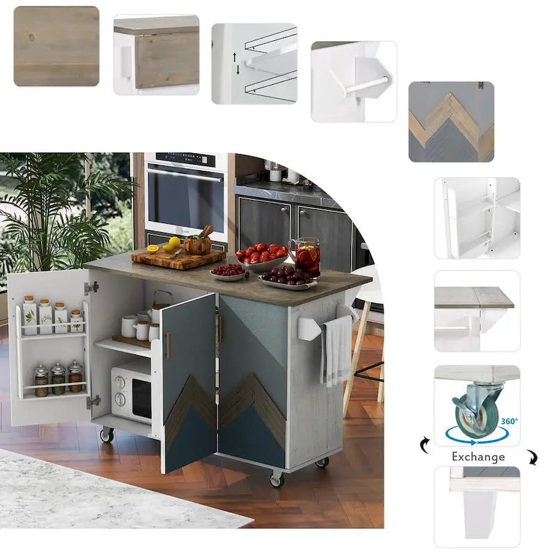 Isla de cocina estilo granja de 51.6 pulgadas de ancho con ala abatible, estante de almacenamiento interno y tres puertas
