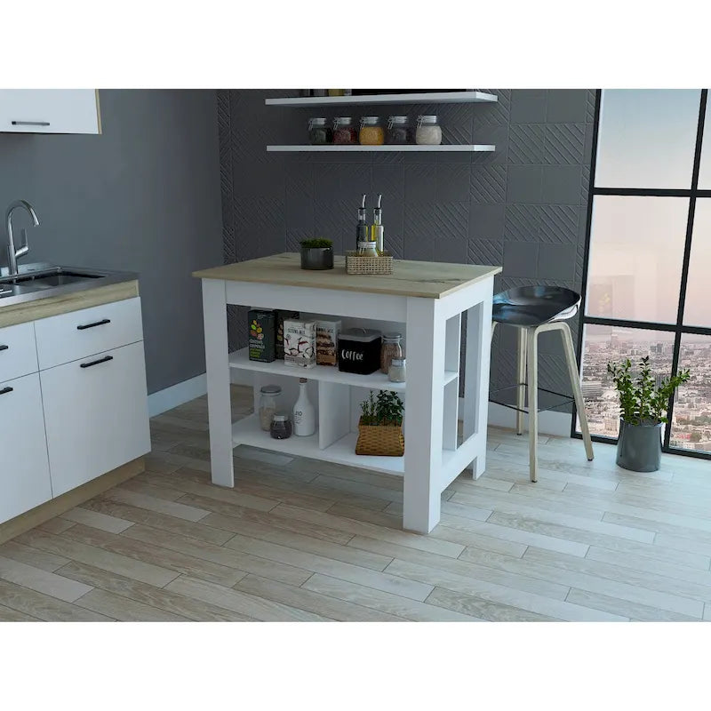Isla de cocina con 3 estantes, blanca y roble claro
