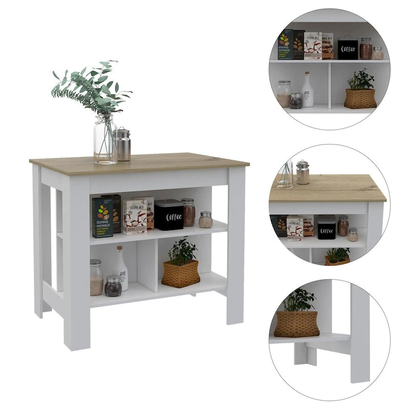 Isla de cocina con 3 estantes, blanca y roble claro