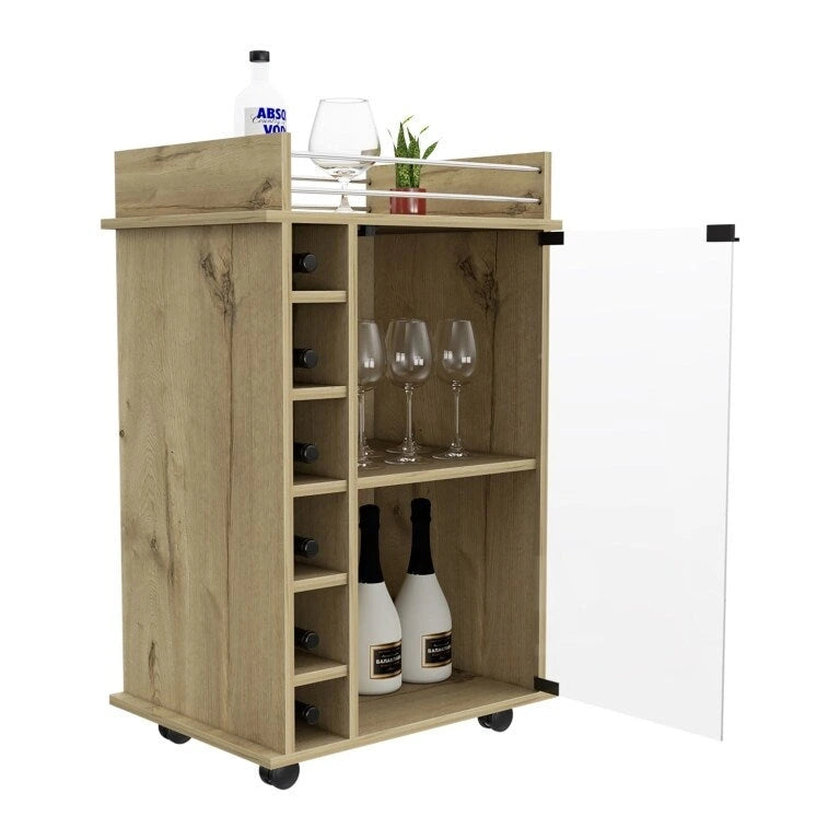 Carrito bar de dos niveles con armario con puerta de vidrio, seis compartimentos para botellas y acabado en roble claro