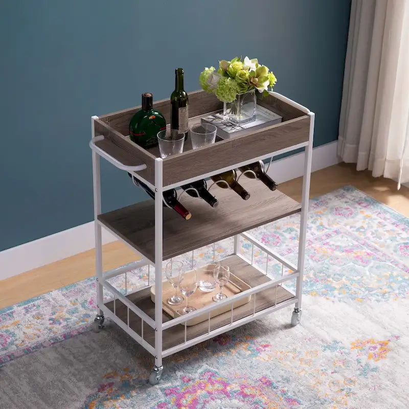 Carrello da cucina con ruote, contenitore a tre livelli e portabottiglie da quattro bottiglie