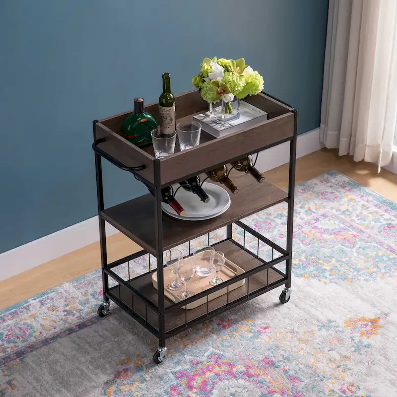 Carrito de cocina con ruedas, almacenamiento de tres niveles y botellero para cuatro botellas