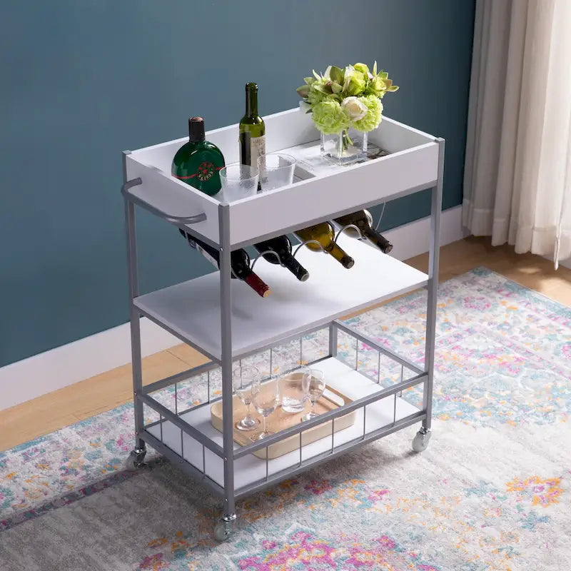 Carrito de cocina con ruedas, almacenamiento de tres niveles y botellero para cuatro botellas