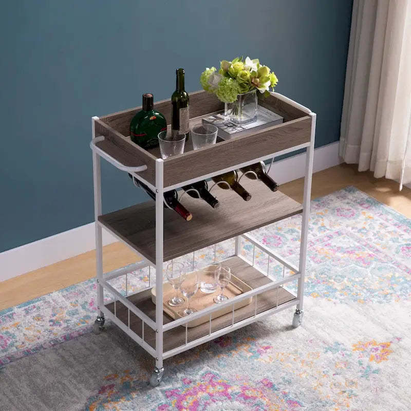 Carrello da cucina con ruote, contenitore a tre livelli e portabottiglie da quattro bottiglie