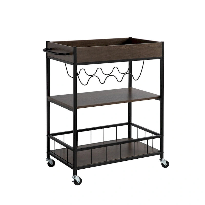 Carrello da cucina con ruote, contenitore a tre livelli e portabottiglie da quattro bottiglie