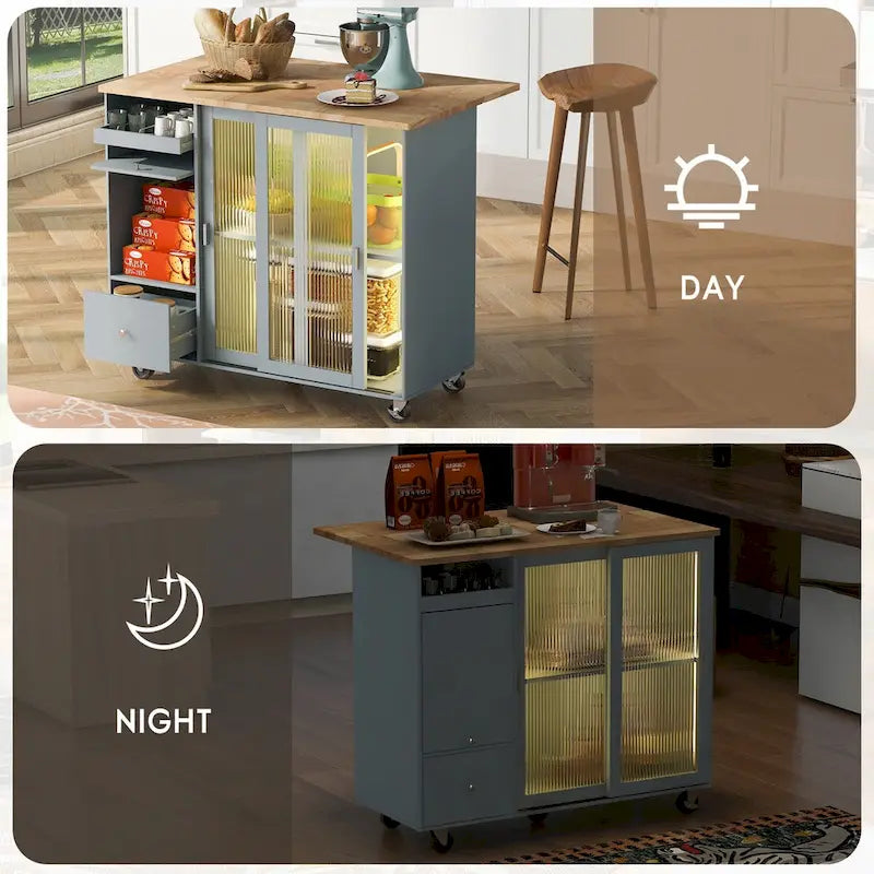 Desserte îlot de cuisine avec rallonge rabattable, éclairage LED, portes en verre cannelé, étagère réglable et 2 tiroirs