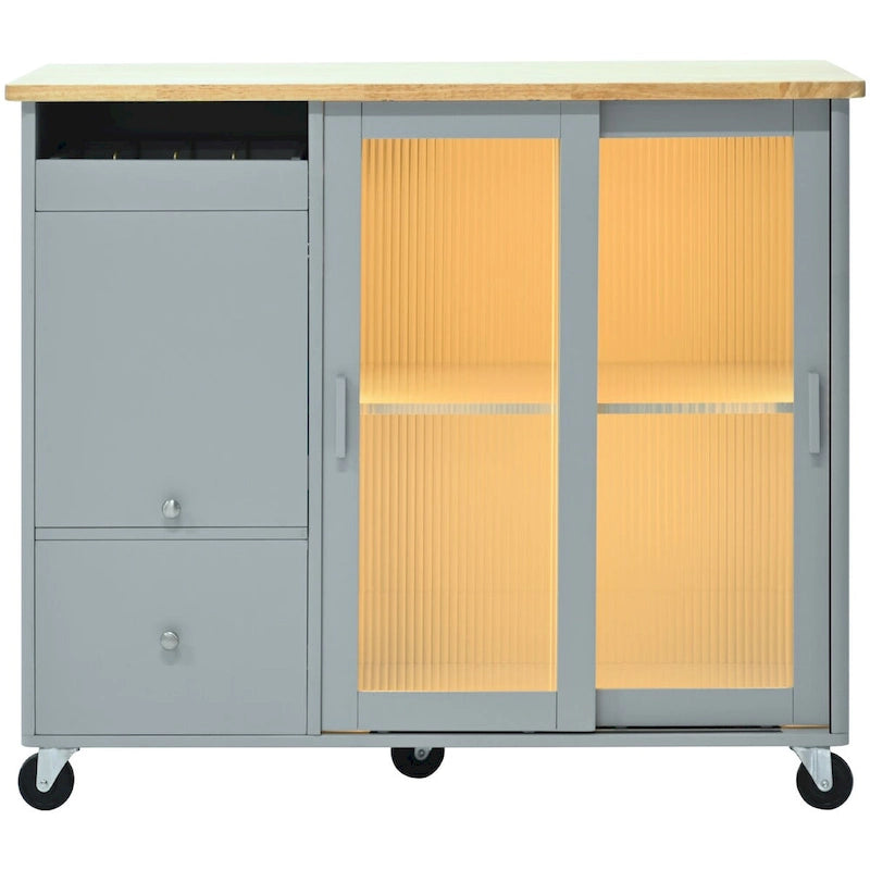 Desserte îlot de cuisine avec rallonge rabattable, éclairage LED, portes en verre cannelé, étagère réglable et 2 tiroirs