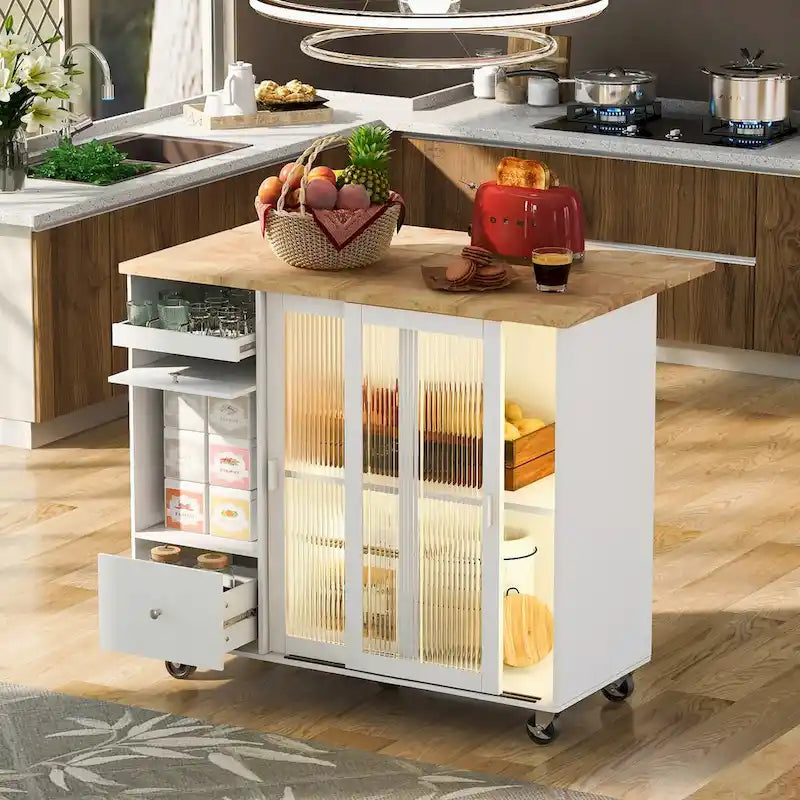 Desserte îlot de cuisine avec rallonge rabattable, éclairage LED, portes en verre cannelé, étagère réglable et 2 tiroirs
