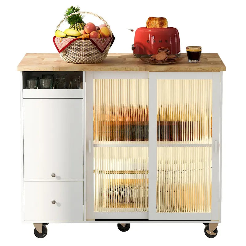 Desserte îlot de cuisine avec rallonge rabattable, éclairage LED, portes en verre cannelé, étagère réglable et 2 tiroirs