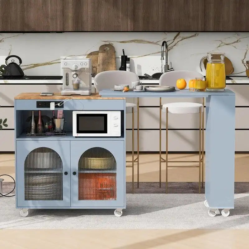 Isla de cocina con ruedas, mesa extensible, luces LED, tomas de corriente y 2 puertas de vidrio estriado
