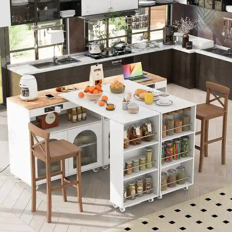 Isla de cocina con ruedas, mesa extensible, luces LED, tomas de corriente y 2 puertas de vidrio estriado