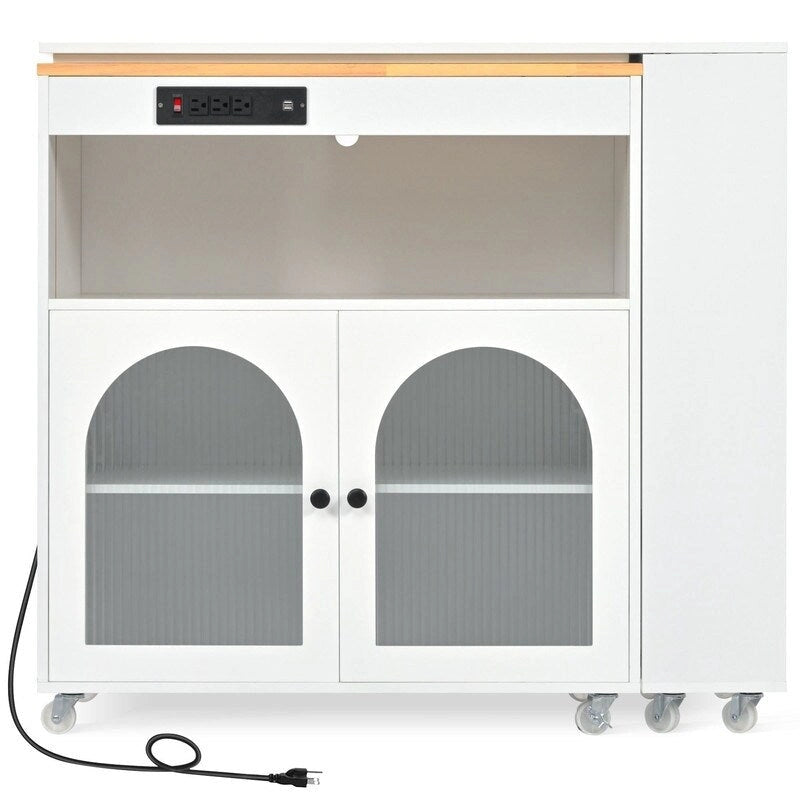 Isla de cocina con ruedas, mesa extensible, luces LED, tomas de corriente y 2 puertas de vidrio estriado
