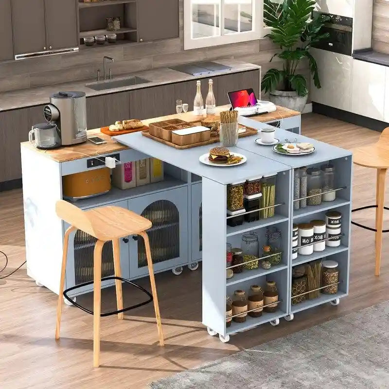 Isla de cocina con ruedas, mesa extensible, luces LED, tomas de corriente y 2 puertas de vidrio estriado