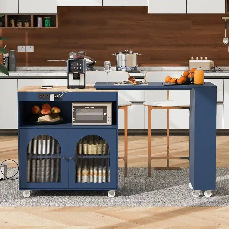 Isla de cocina con ruedas, mesa extensible, luces LED, tomas de corriente y 2 puertas de vidrio estriado