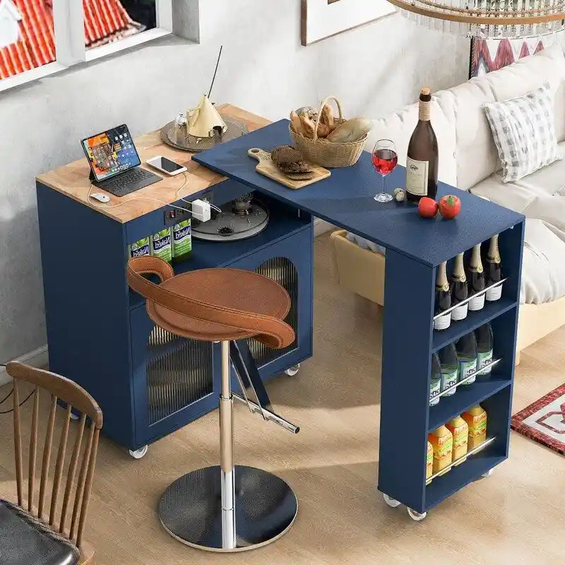 Isla de cocina con ruedas, mesa extensible, luces LED, tomas de corriente y 2 puertas de vidrio estriado