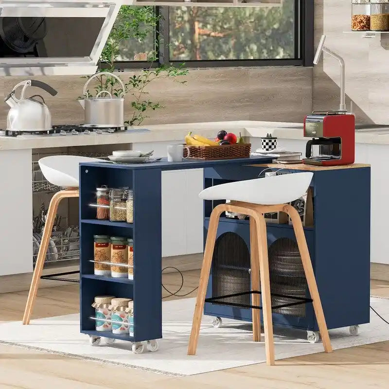 Isla de cocina con ruedas, mesa extensible, luces LED, tomas de corriente y 2 puertas de vidrio estriado