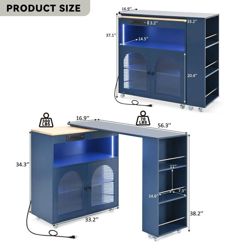 Isla de cocina con ruedas, mesa extensible, luces LED, tomas de corriente y 2 puertas de vidrio estriado