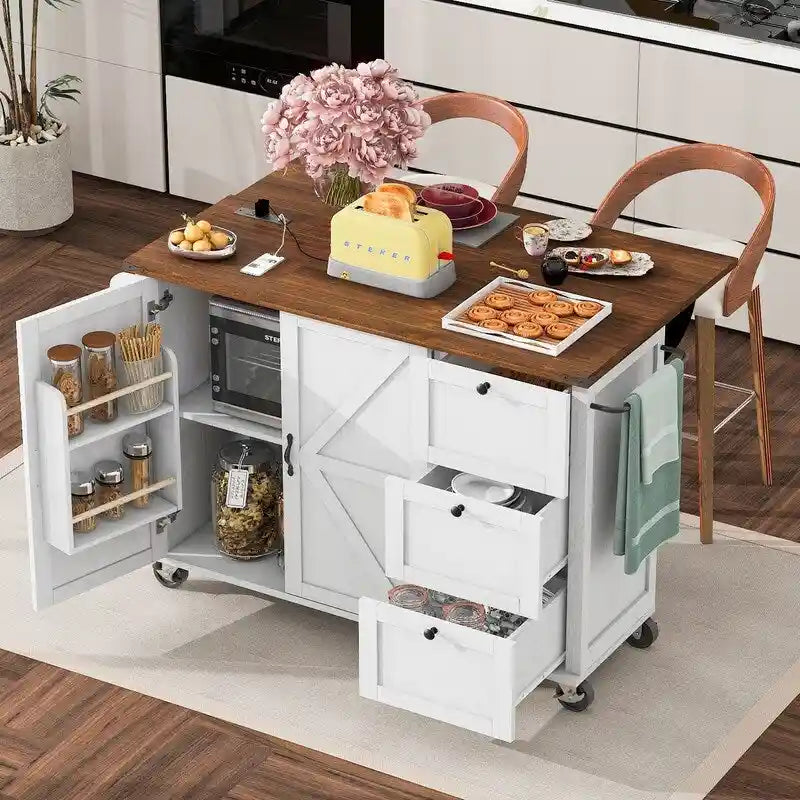 Isla de cocina estilo granja con toma de corriente y ala abatible