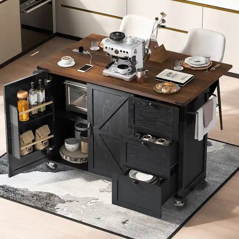 Isla de cocina estilo granja con toma de corriente y ala abatible
