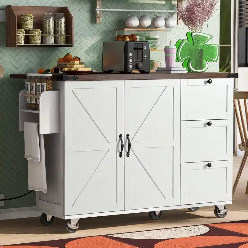 Isla de cocina estilo granja con toma de corriente y ala abatible