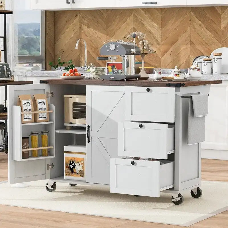 Isla de cocina estilo granja con toma de corriente y ala abatible