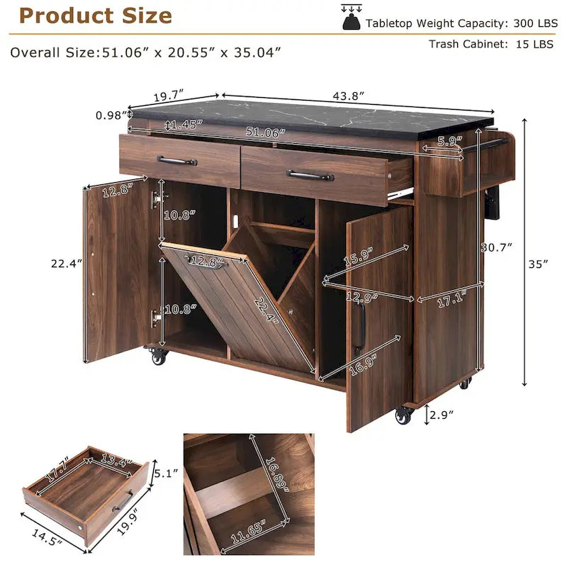 43.8-Inch Wide Kitchen Island with Trash Can Storage Cabinet