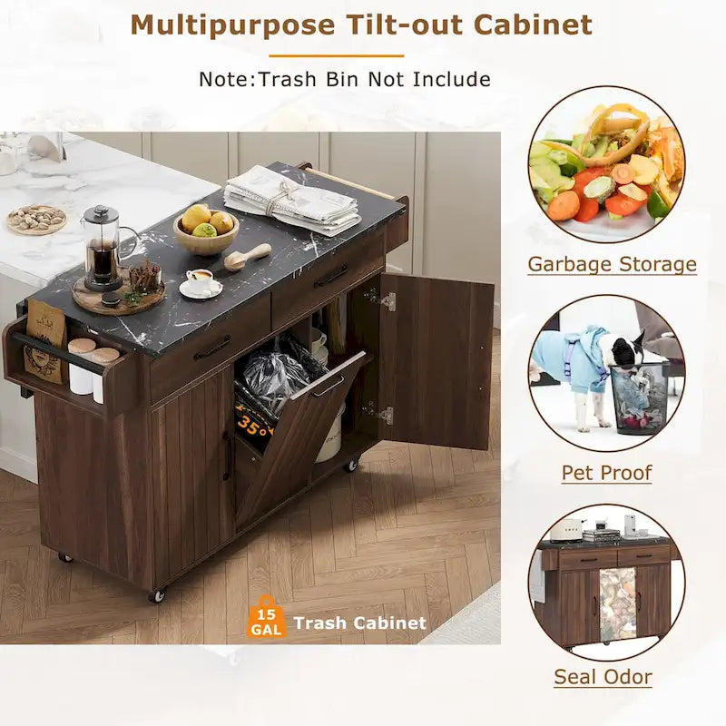 43.8-Inch Wide Kitchen Island with Trash Can Storage Cabinet