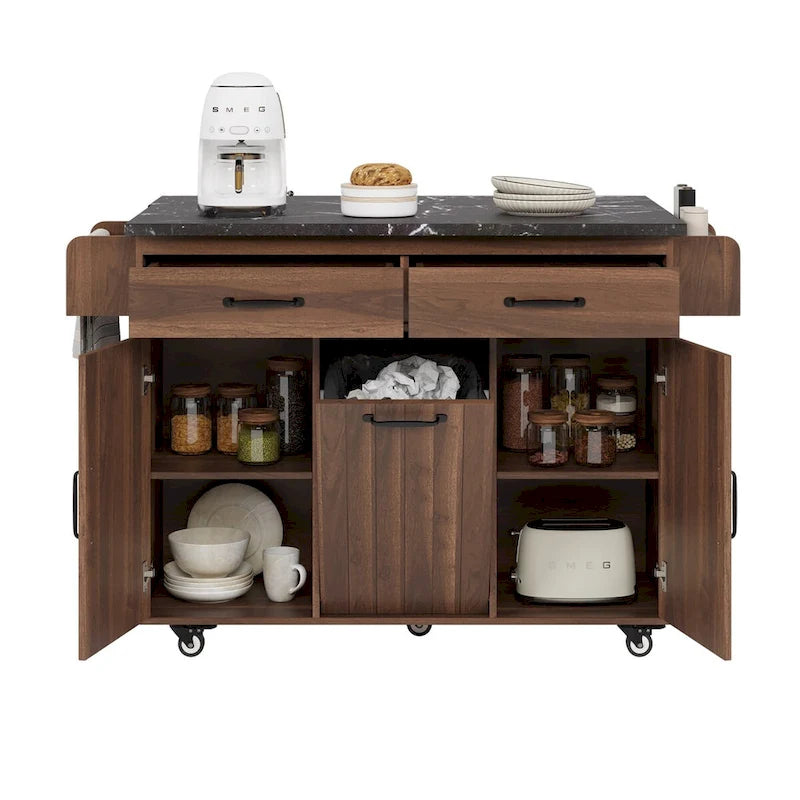 Isla de cocina de 43.8 pulgadas de ancho con armario de almacenamiento para cubo de basura